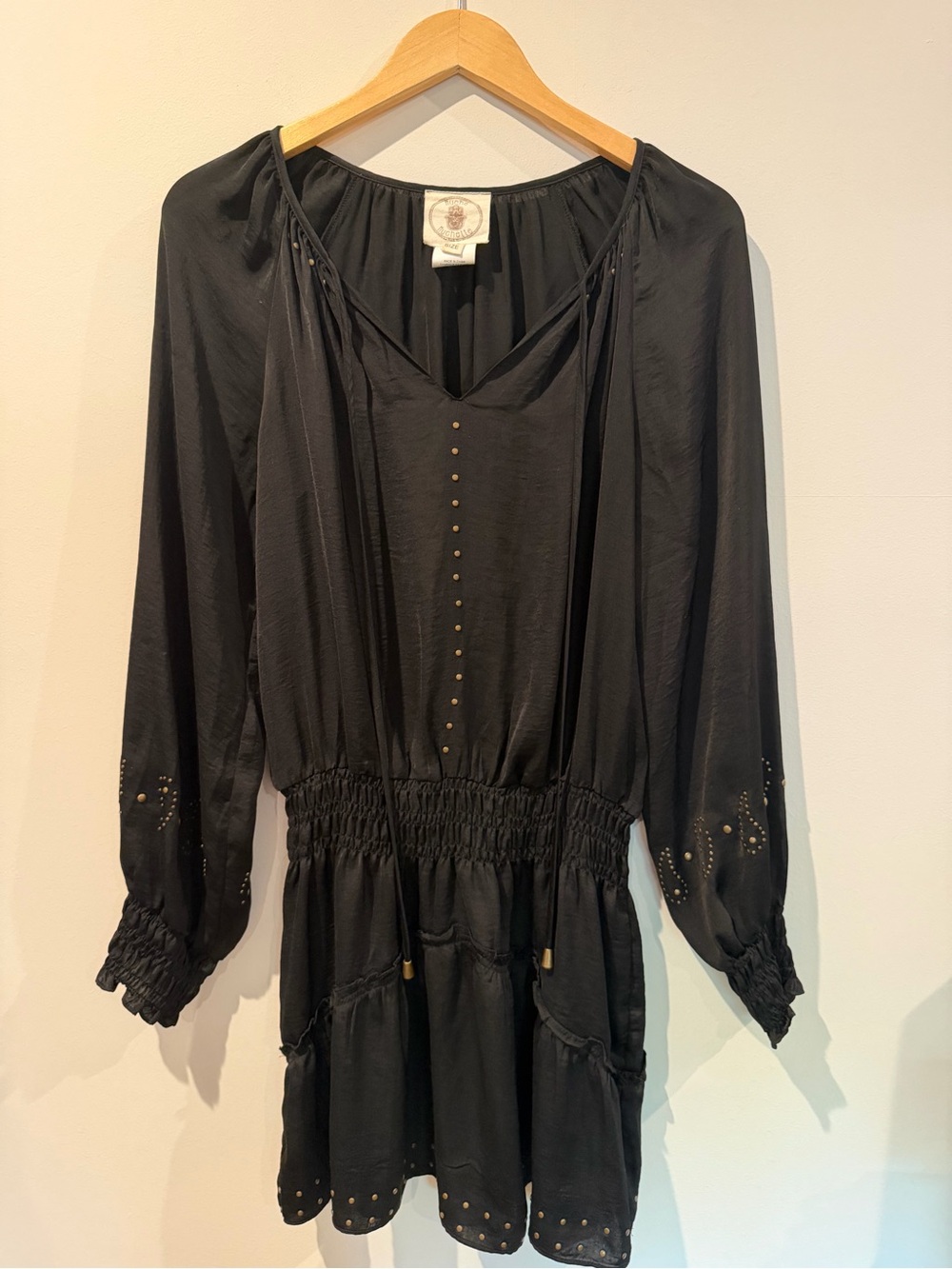 Black Long Sleeve Stud-Trim Smocked-Waist Dress